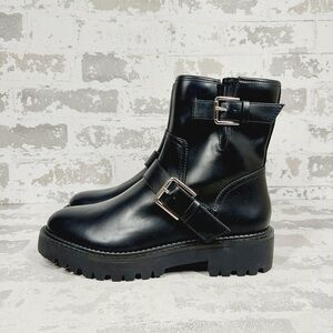 NEW Nordstrom Rack Black Buckle Strap Lug Sole Ankle Moto Boots D773